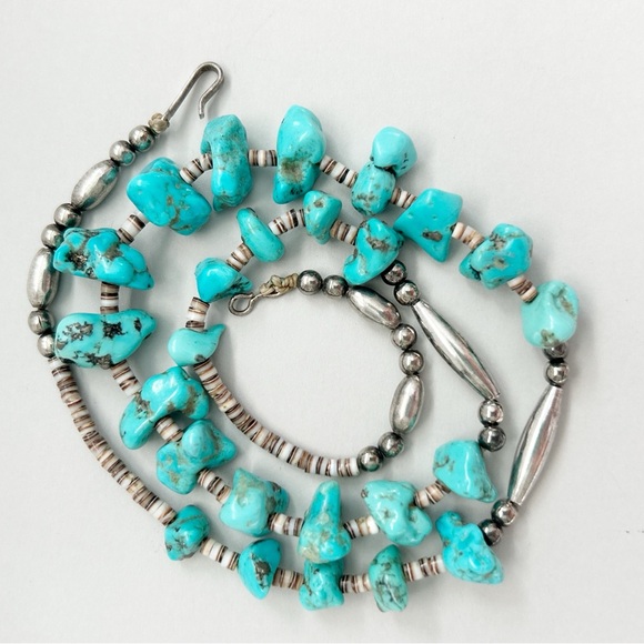 Vintage Southwestern Turquoise Nugget Heishi Sterling Silver Necklace - Picture 7 of 10
